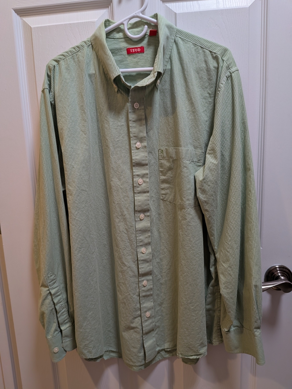 Izod Mens Green Striped Long Sleeve Button Down Shirt Size XL Tall XLT Cotton